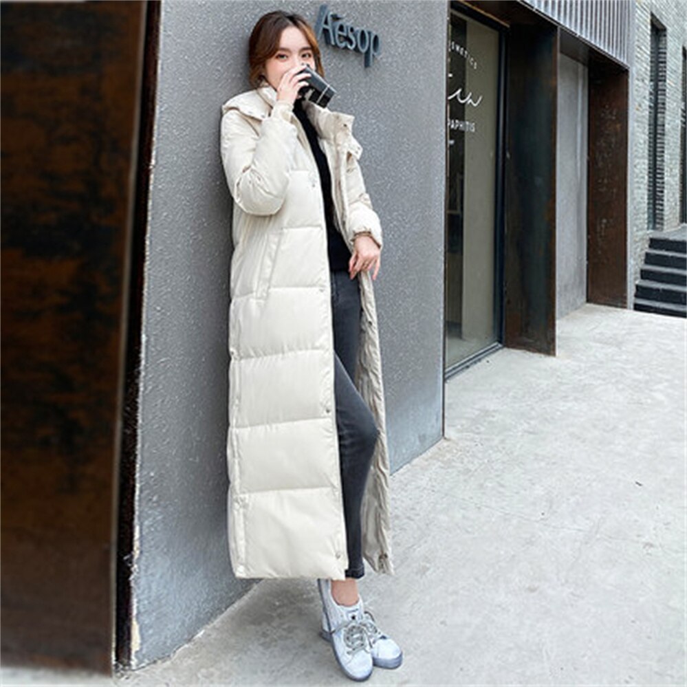 Chaqueta acolchada de plumón para mujer, chaqueta holgada larga por encima de la rodilla, versión coreana, gruesa, H552,: Cream white / L