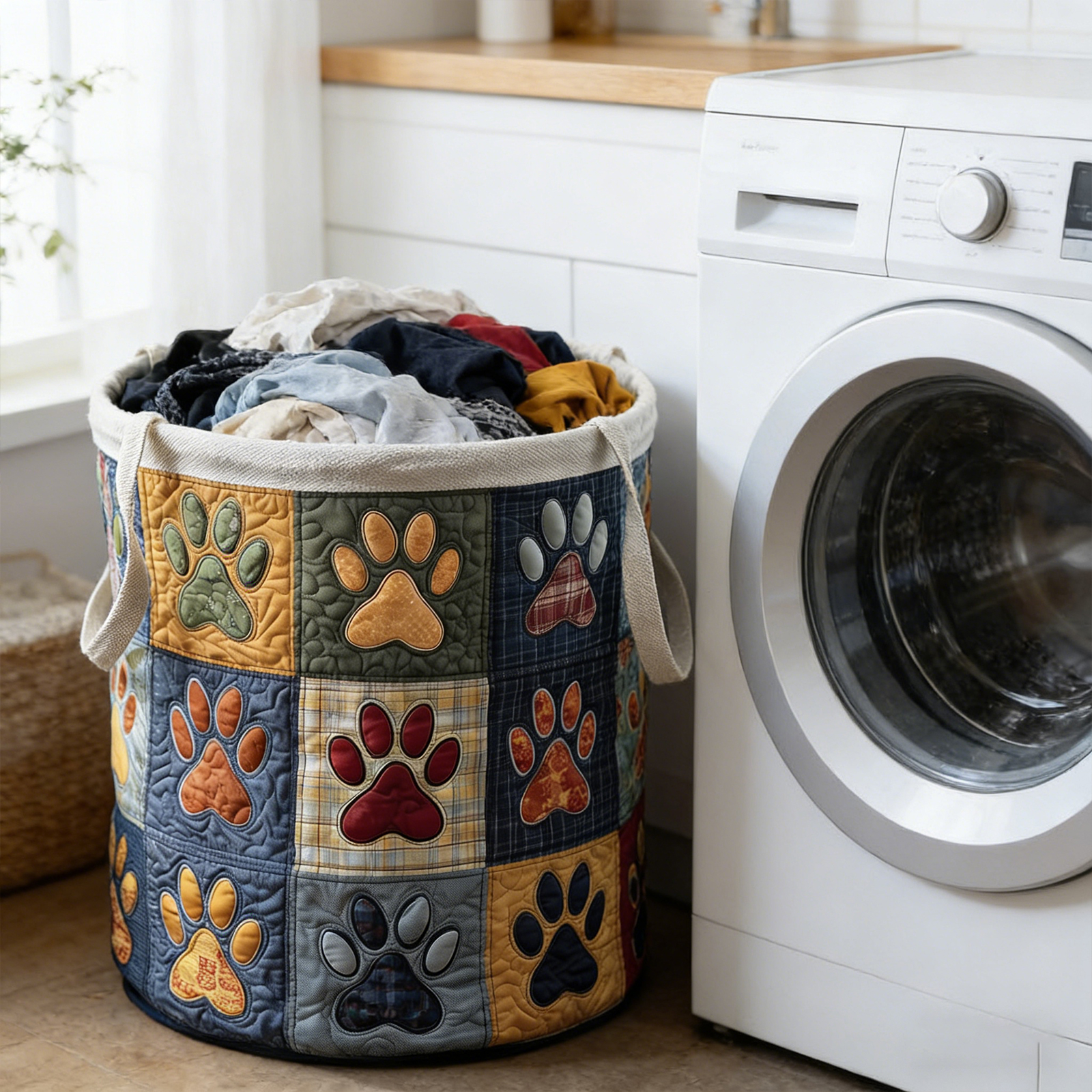 Gestikte wasmand met handvat, boho kledingopbergmand, vintage stof, bloemenopbergmand voor kinderkamer en wasruimte