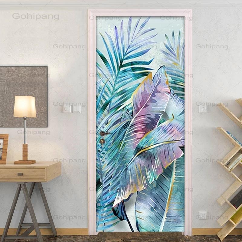 Pegatina de puerta de hojas de plantas, papel tapiz moderno para sala de estar, dormitorio, 3D, Pvc, impermeable, autoadhesivo, Mural de puerta, papeles de pared, decoración del hogar