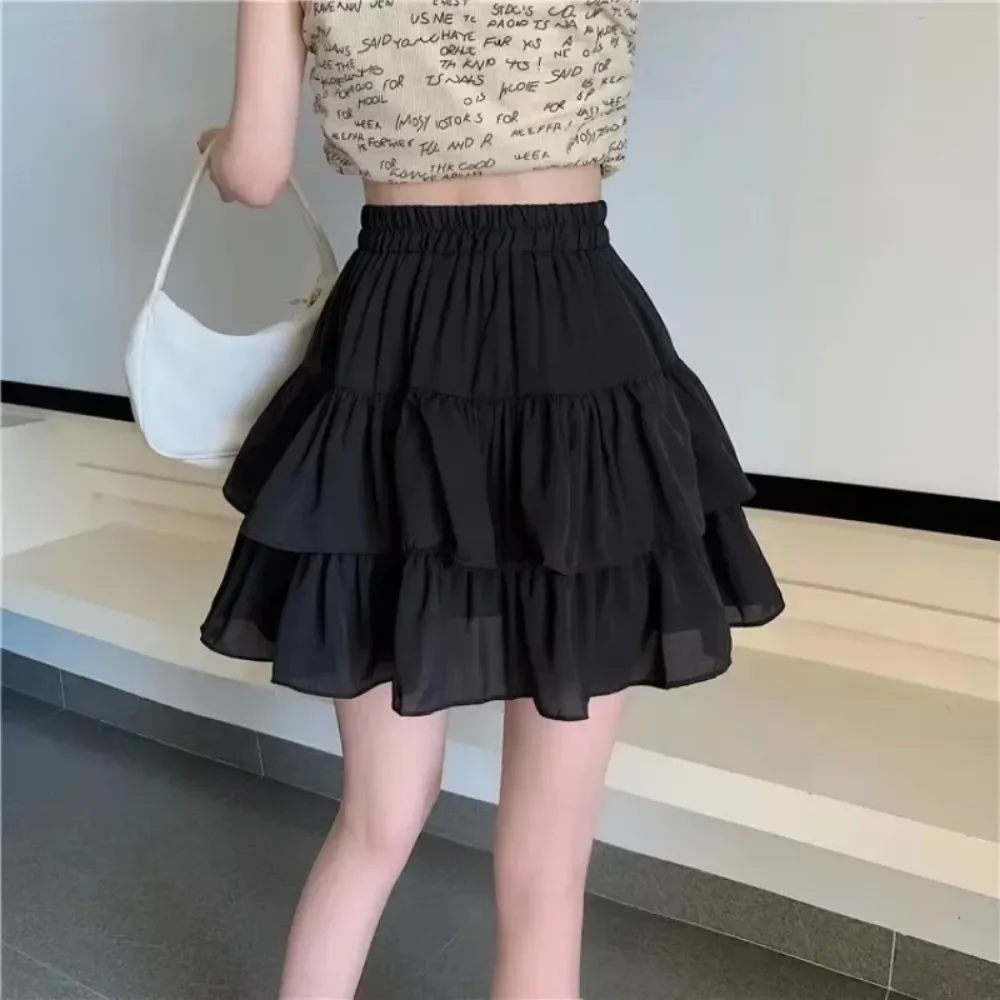 Sommer kawaii hvid flæsenederdel kvinder slim fit chiffon mini nederdele piger  y2k all match elastisk højtaljet sort faldas: Sort