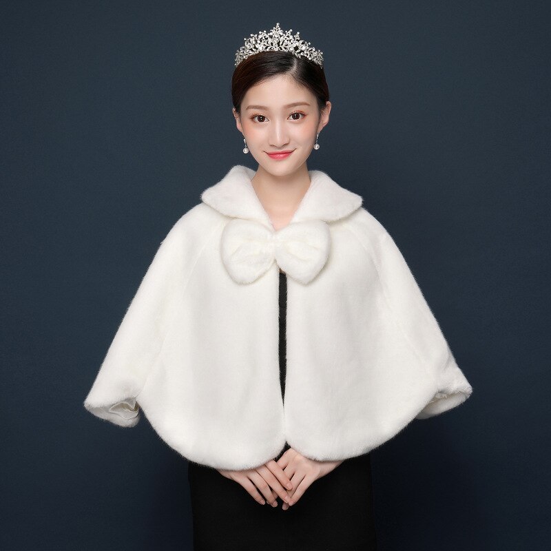 JaneVini Winter White Capes Bridal Faux Fur Wraps for Wedding Big Bow Women Warm Bolero Shawls Evening Cloak Brides Accessories: Default Title