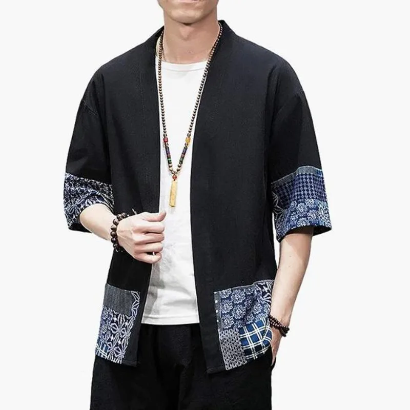 Cárdigan tipo kimono japonés de para hombre, cárdigan holgado de lino y algodón con manga 3/4, chaqueta informal de verano: XS / Azul
