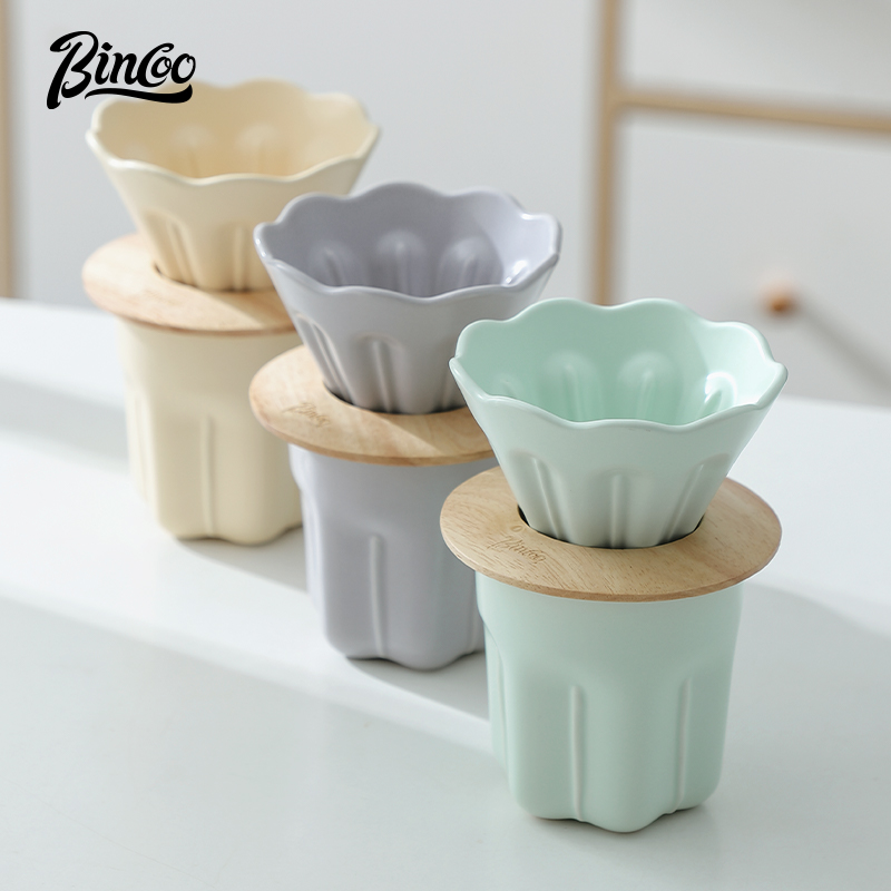 Taza con filtro de café de cerámica V01, juego de tazas de café con filtros reutilizables con soporte de madera, gotero de embudo, taza con filtro de flores, accesorios para café