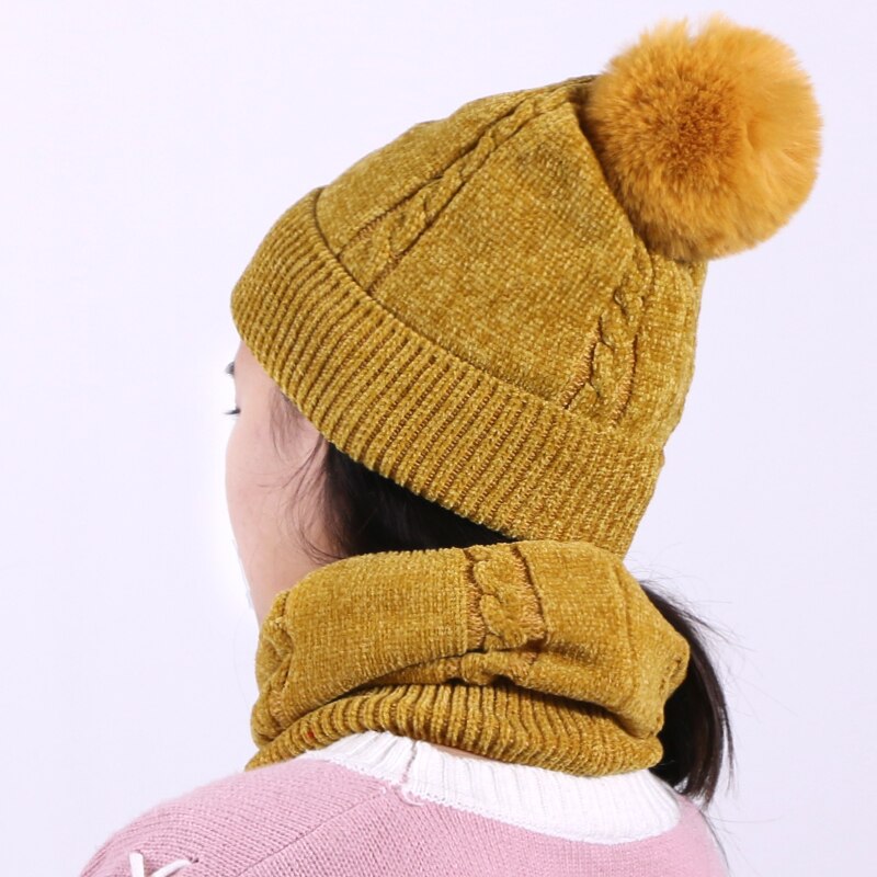 Winter dames muts met pompon, sjaal en handschoenen, warme zachte gebreide outdoor gehaakte skimuts met dikke voering, chenille zachte mutsset