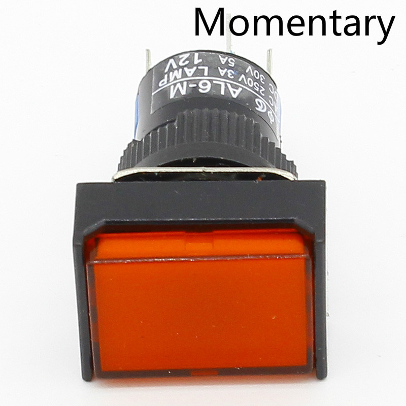 1pcs 16mm Rectangle Momentary push button switch lamp 5pins 12V: Red
