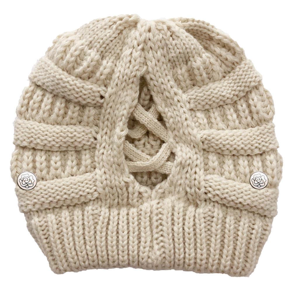 Cola de Caballo cruzada desmontable con botón para mascarilla, gorro de punto con apertura trasera, hilo de lana cálido, , producto: beige