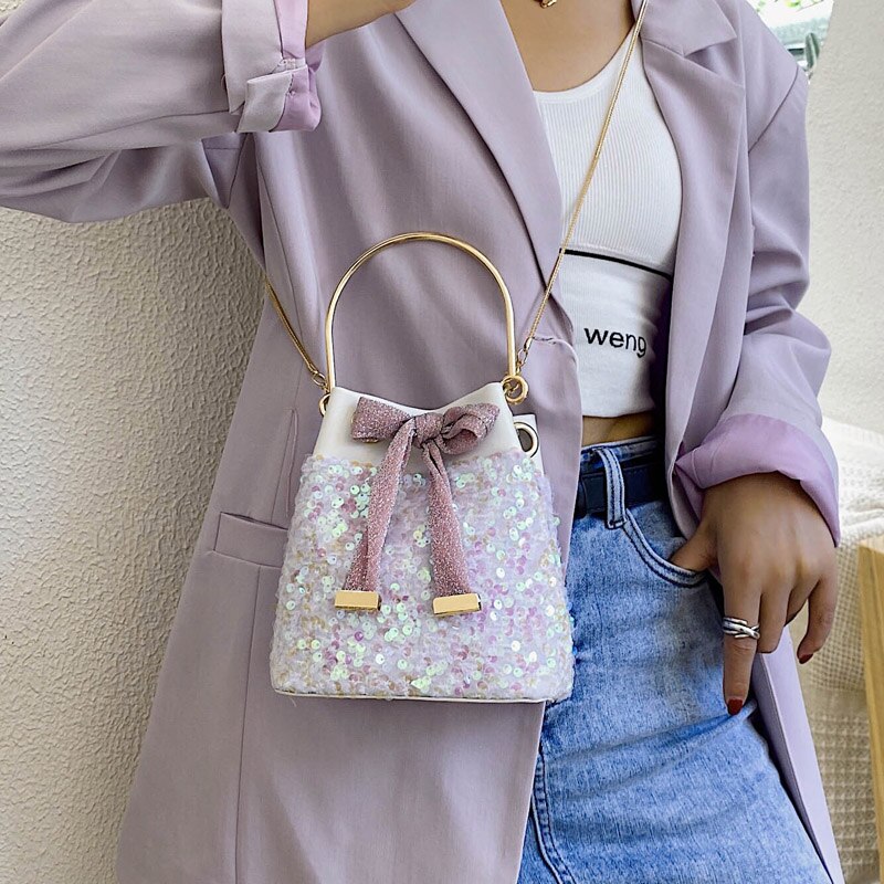 Pailletten strik emmer tas kleine tassen met metalen handvat dames handtas ketting schoudertas telefoon portemonnees