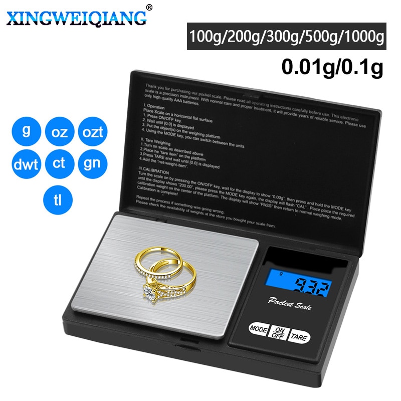 Mini báscula electrónica de bolsillo, balanza digital de joyería de plata de ley y oro, 100g, 200g, 300g, 500g, 0,01g, 1kg, 0,1g, g