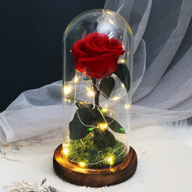 Torkade blommor konserverade rosor i glasskåpa med nattljus ornament bröllop alla hjärtans dag jul år heminredning: Röd med ljus