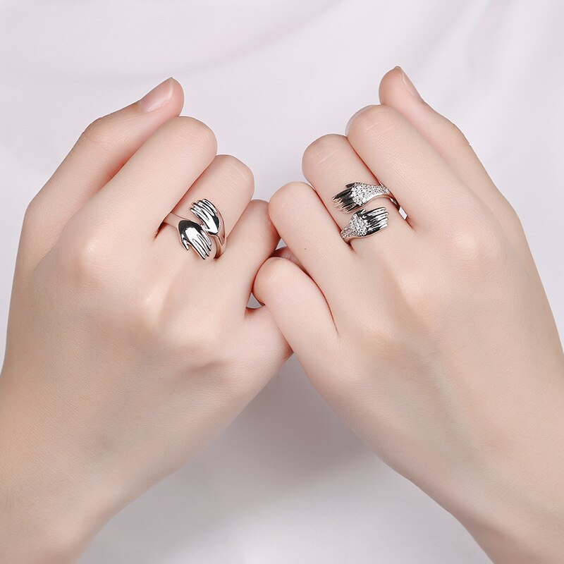 Mode Hand Knuffel Vinger Palm Opening Ringen Voor Mannen Vrouwen Paar Sieraden Zilver Kleur Verstelbare Partij Daily Accessoires