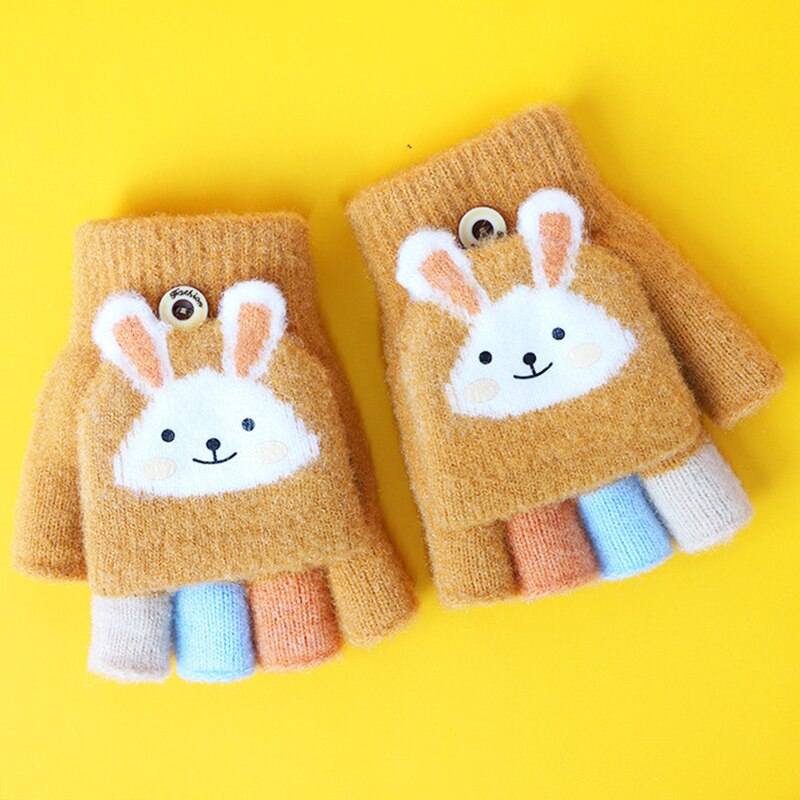 Kids Winter Warm Thicken Handschoenen Meisjes Zachte Half Vinger Cover Dier Vingerloze Handschoenen Outdoor Warme Wanten Handschoenen Voor Kids 5-12Y: rabbit yellow