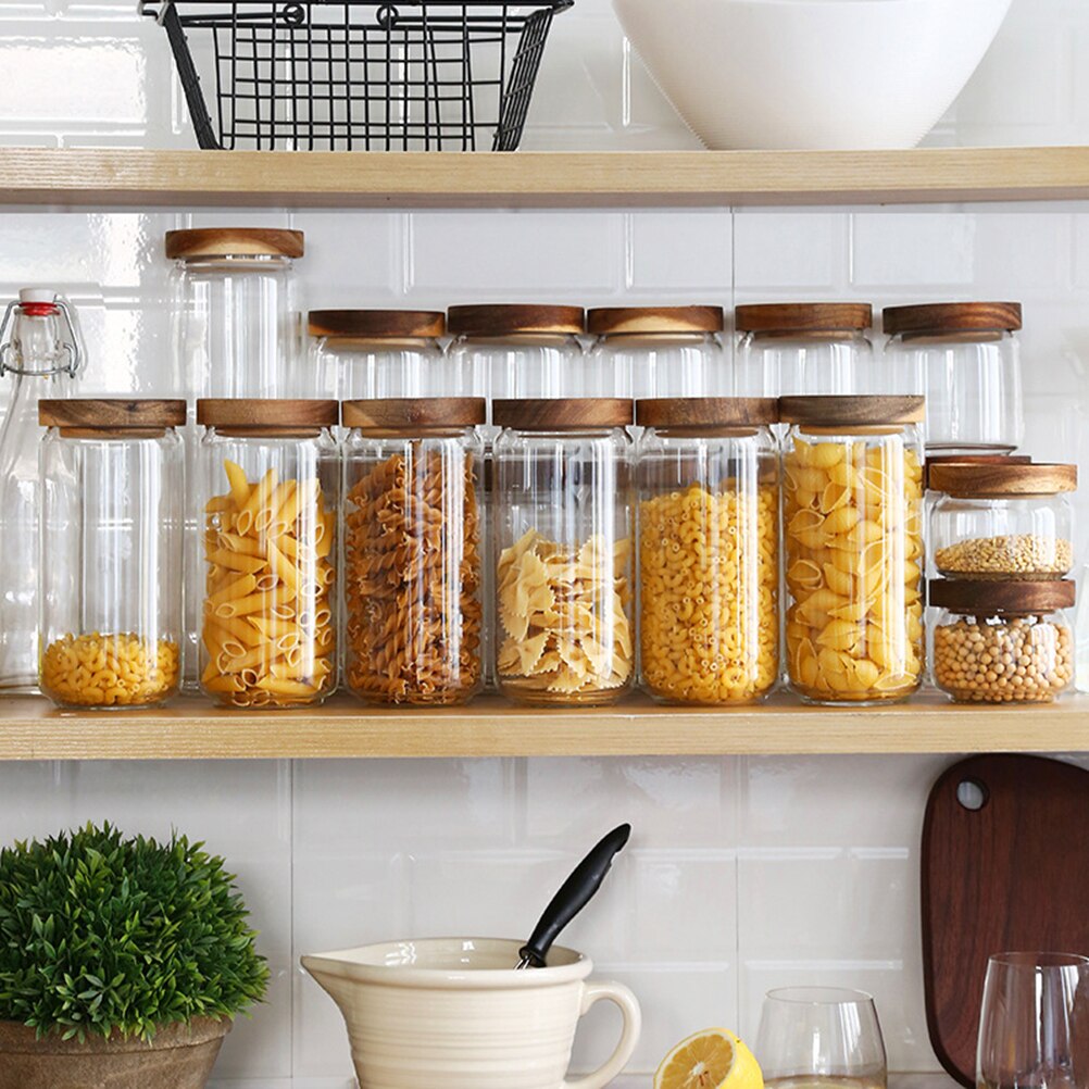 Snoeppot met houten deksel, hoge borosilicaatglas, transparante opslagtank, duurzame voedselcontainer voor kruiden, snoepgoed