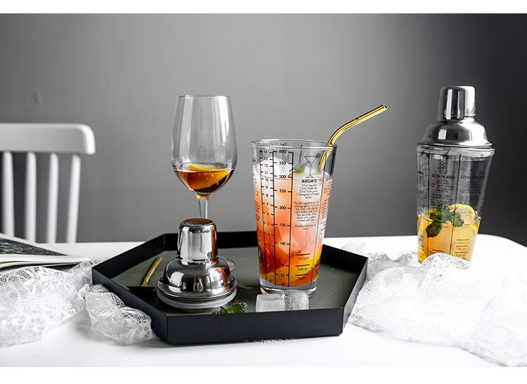 350ml Glass Cocktail Shaker Mixer Cocktail Whisks Glass Cup Set with Measurement Stainless Steel Bar Tools
