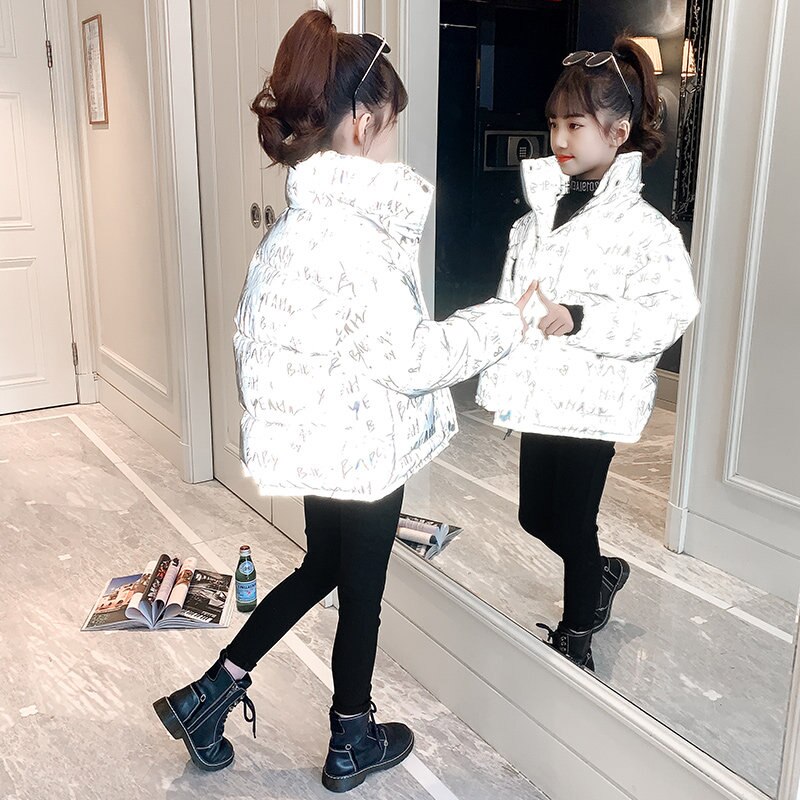 Children's Reflective Jacket Short Winter Light-Reflecting Coat For Shiny Girl Boy Unisex Kids Thick Warm Outerwear 5-14Yrs