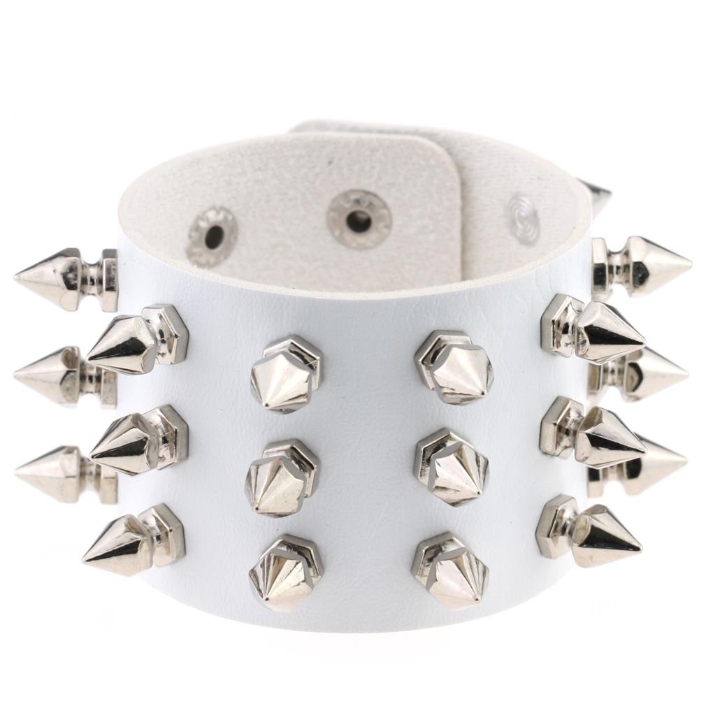 Boho Emo Spike bransoletka sztuczna skóra Punk bransoletki dla kobiet mężczyzn biżuteria Goth dziewczyna chłopiec mankiet Bangle Studded Halloween nadgarstek: P136 White