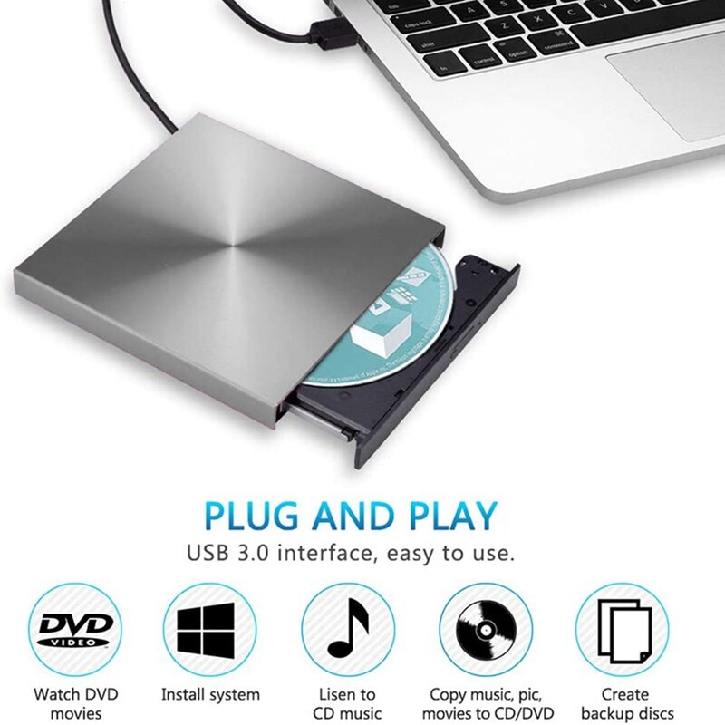 Ekstern cd dvd-drev usb 3.0 dvd-brænder cd-rom afspiller til bærbar mac win 10/8/7 /  xp pc (sølv)