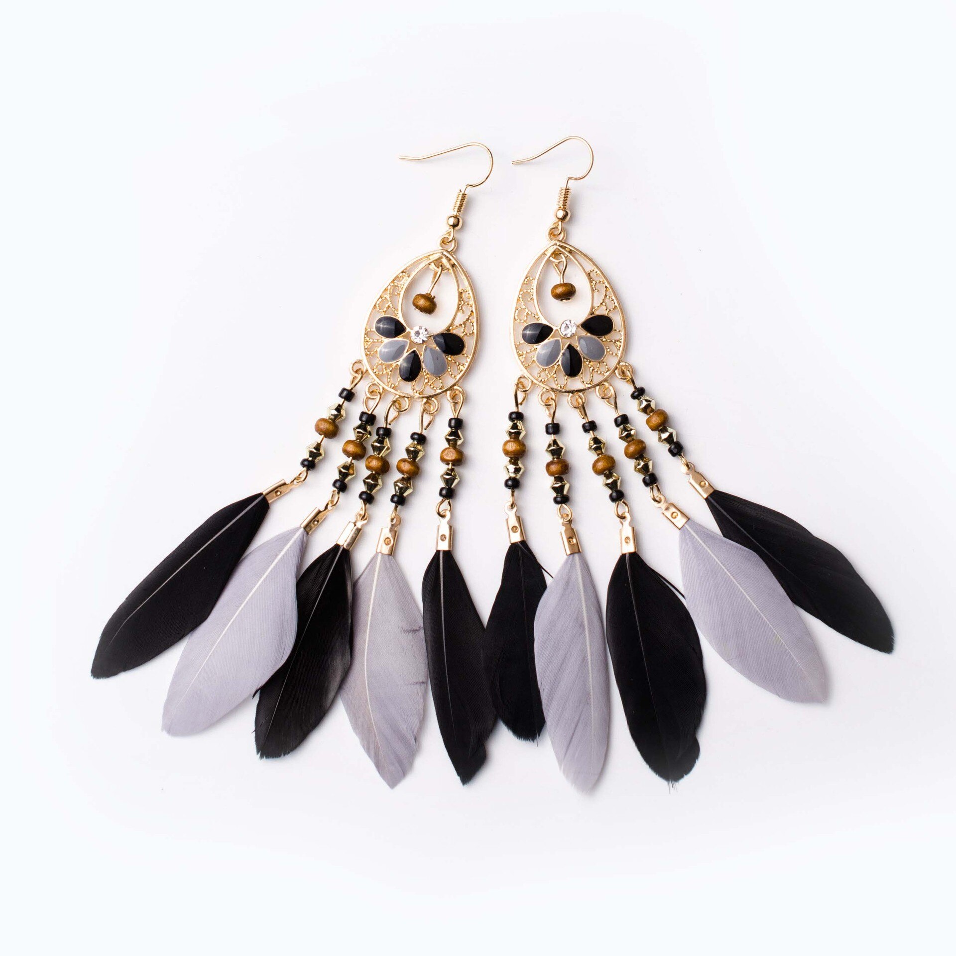 Etnische oorbellen met veren, damessieraden, bohemian zomerse metalen oorbellen met lange kwastjes, indiase sieraden: Dx031-3