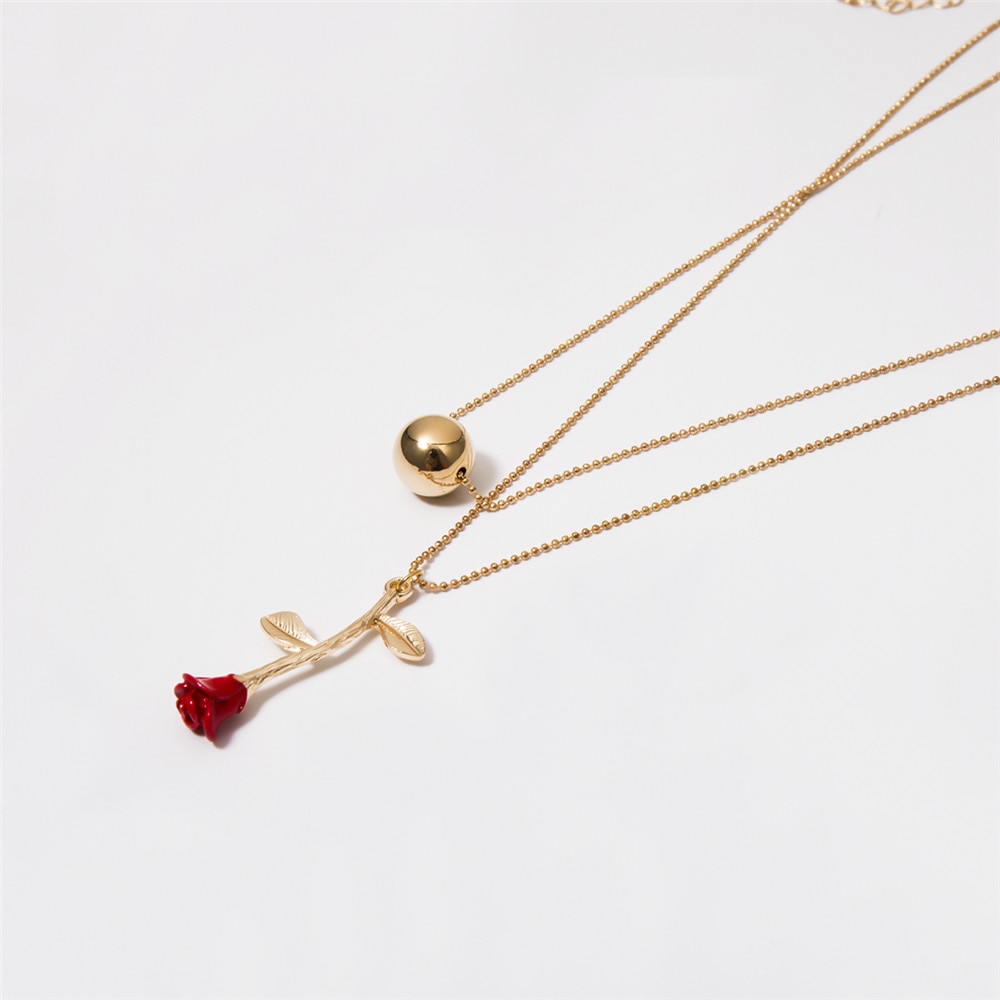 Boho Red Rose Flower Pendant Necklace Simple Vintage Bead Double layer Necklace clavicle Chain Statement Jewelry for Women