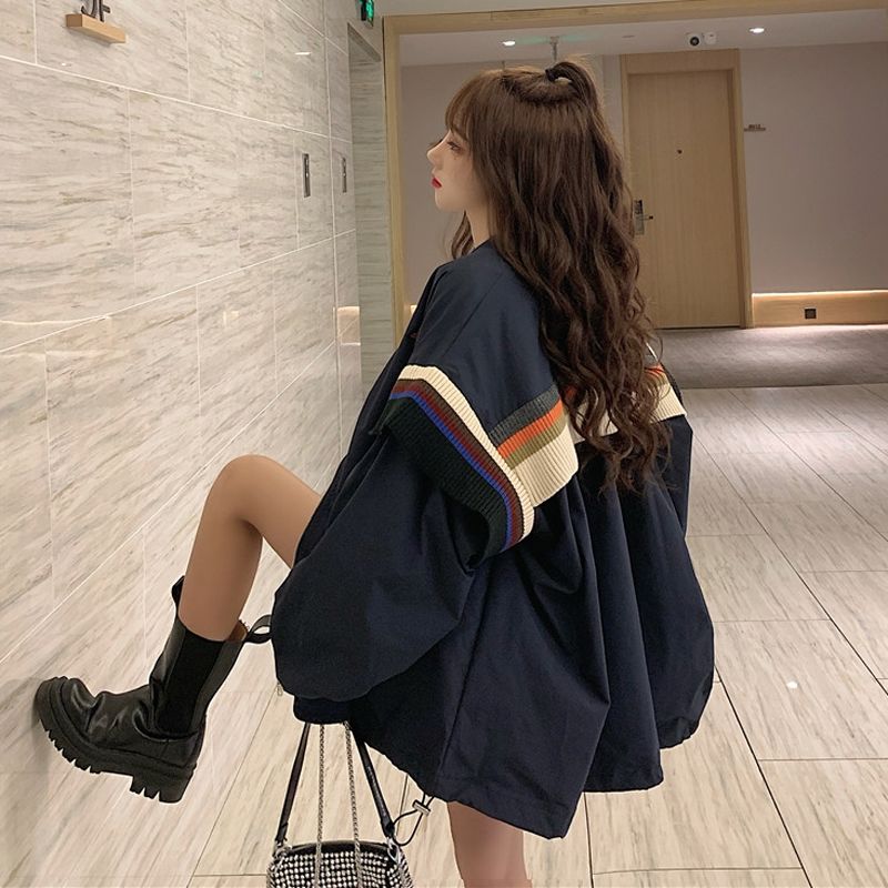Basic Jackets Autumn Popular Patchwork Korean Style Zipper Loose Streetwear Bf Ulzzang Harajuku Retro Outwear Students Chic: dark blue / L