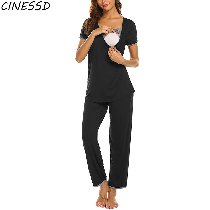 Maternité soins infirmiers vêtements de nuit pour les femmes enceintes décontracté solide allaitement pyjamas ensemble maternité maison vêtements grossesse hauts + pantalons