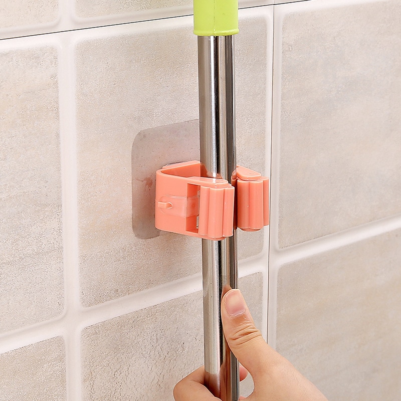 2pcs Kitchen Mop Rack Bathroom Organizer Wall Mounted Shelf Hook Broom Holder Hanger Behind Doors/On Walls Kitchen Storage Tool