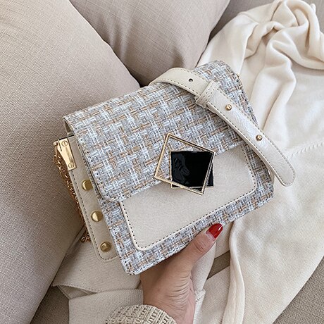 femme rabat carré sac nouvelle laine femmes sac à main serrure chaîne épaule Messenger sac de voyage sac: WHITE