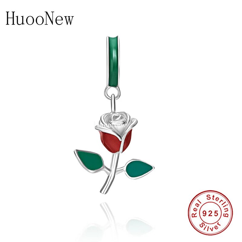 Fit Original Charm Bracelet Rea 925 Sterling Silver Green Leaf Red Rose Flower Bead For Making Women Valentine Berloque