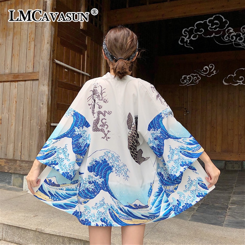 La grande vague de Kanagawa femme japonais traditionnel Orient ethnique Cardigan Kimono manteau unisexe mince lâche Ukiyo-e tenues