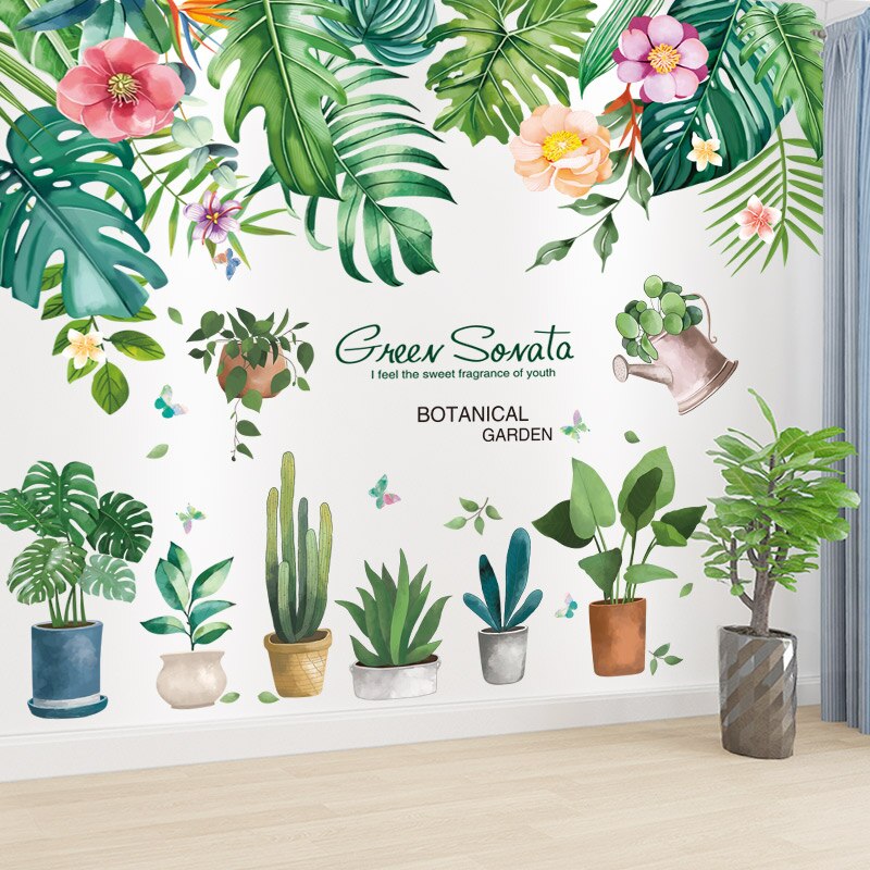 Pegatinas de pared de plantas en maceta, calcomanías de hojas de árbol Tropical para dormitorio de niños, sala de estar, cocina, guardería, decoración del hogar: leaves and potted