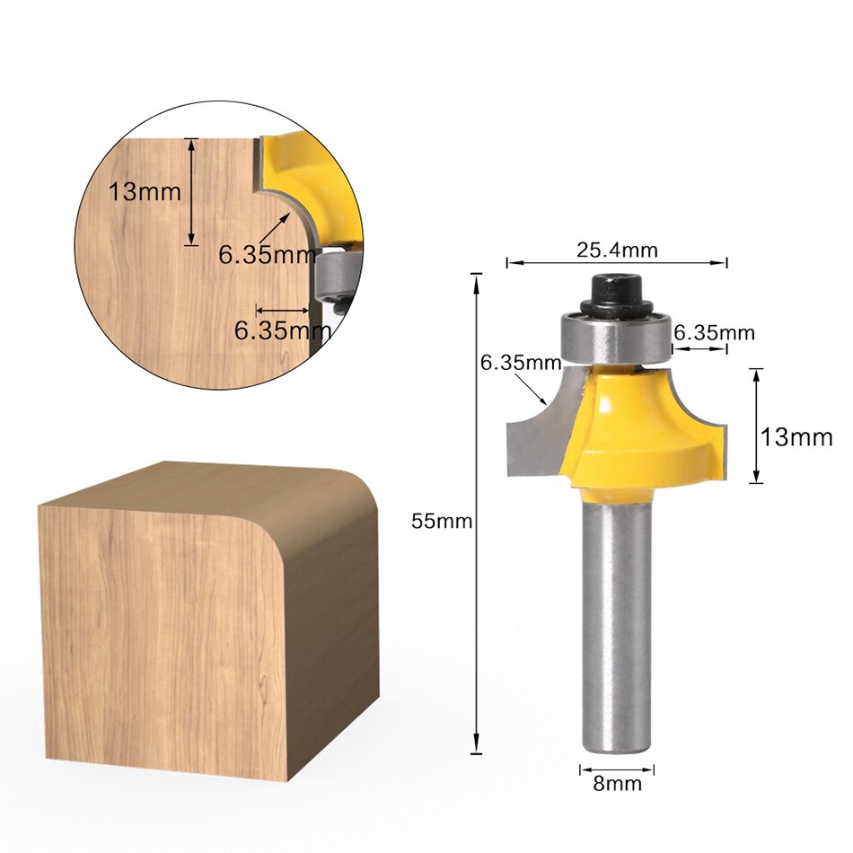 1PC 8mm Shank Corner Round Over Edging Wood Router Bit 2 Flute Corner Round Cove Box Bit Woodworking Tenon Cutter Tool