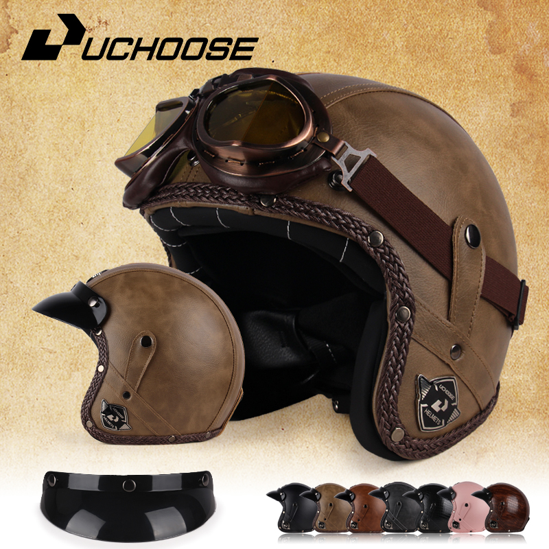 UCHOOSE retro Motorradhelm PU Leder offen Gesicht 3/4 Zerhacker Fahrradhelme klassisch Casco Moto Jahrgang