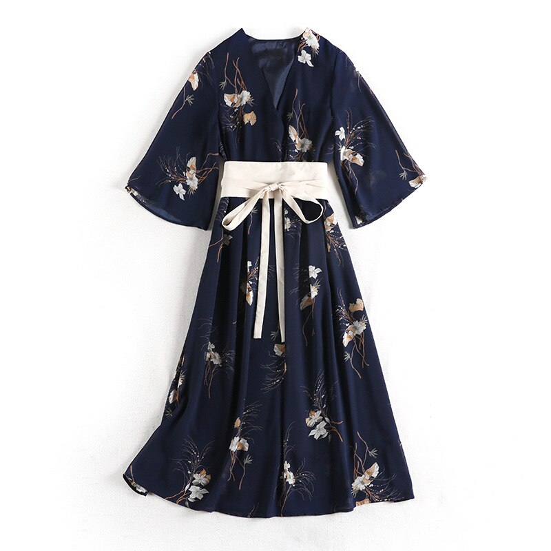5XL Japanese Traditional Kimono Dress Women Girls Yukata Streetwear Belt Floral Print Plus Size V Neck Vintage Style Obi Navy: 2XL