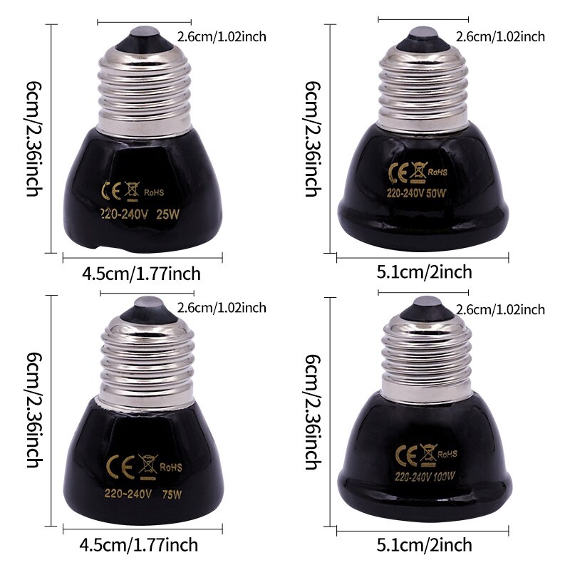 25W 50W 75W 100W E27 lampada riscaldante per animali domestici lampadina a infrarossi in ceramica nera a infrarossi lampadina per animali domestici lampada per rettili 220-230V