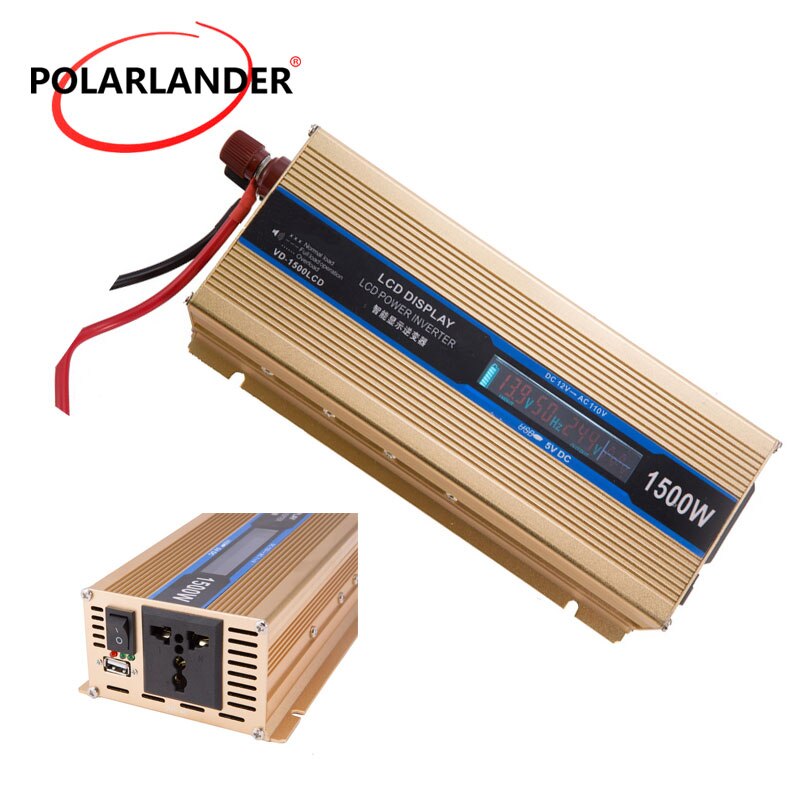 Power inverter 1500w 50hz 12v/24v to 110v/220v omformer kjøretøy strømforsyning gull med skjerm for de fleste bil