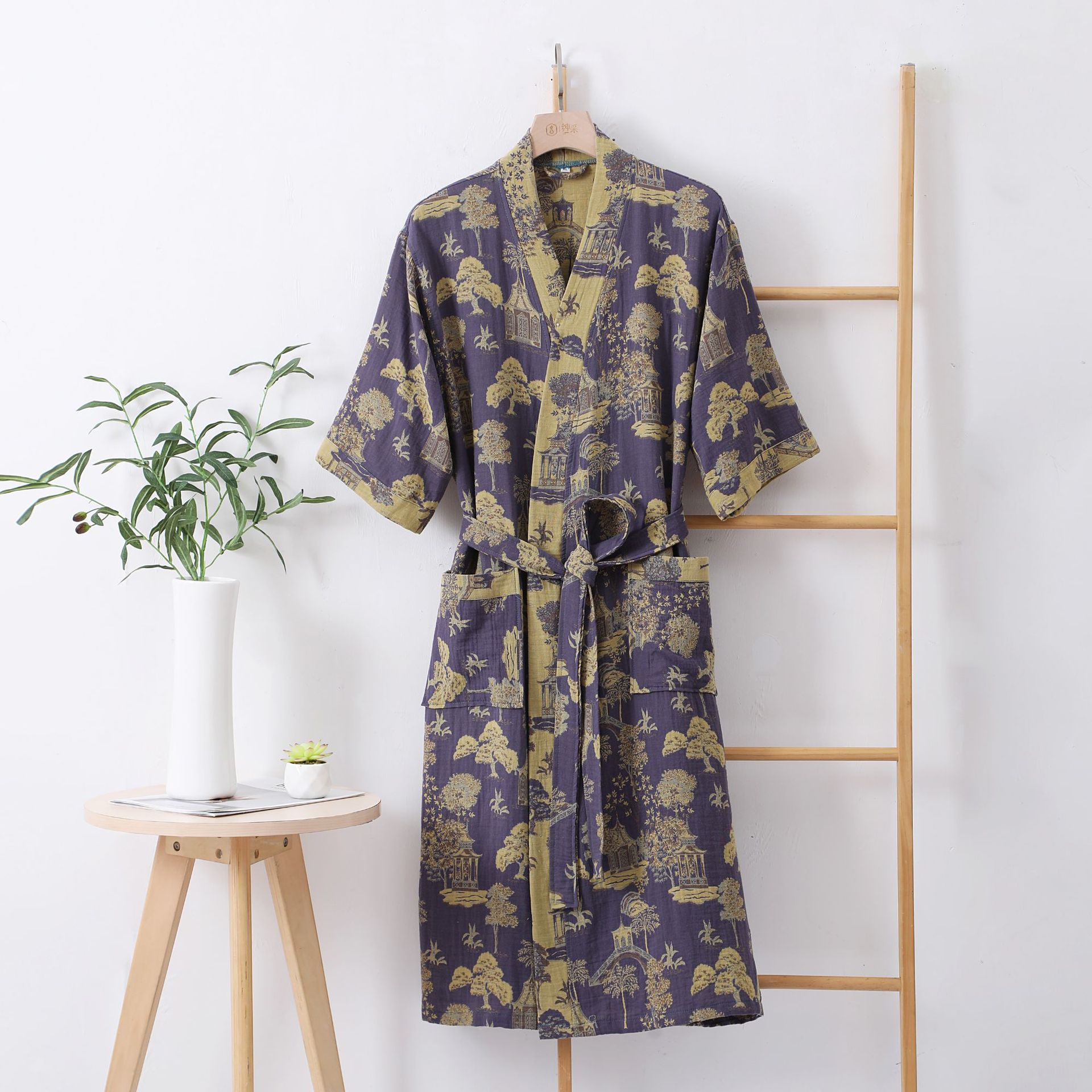 Albornoz de gasa de doble capa de algodón puro para primavera/verano, tela fina teñida, ropa de hogar para parejas, bata tipo kimono de estilo japonés, pijama: M / Gris oscuro