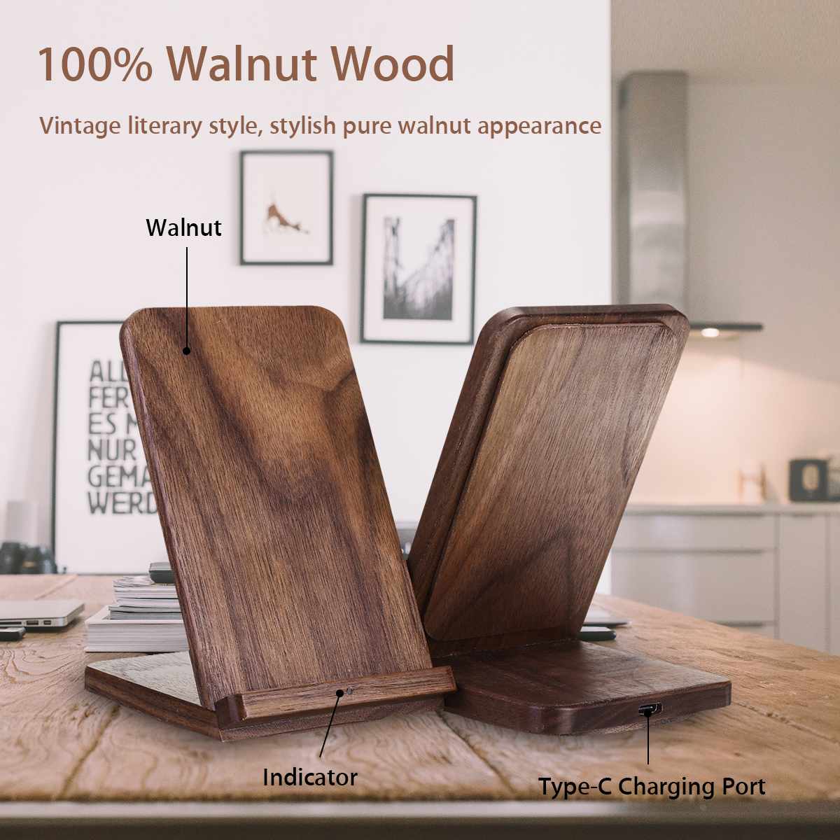 Walnut Wooden 15W Qi Wireless Charger Pad Fast Charging Docking Station Holder Stand Type-c Port for iPhone for Samsung S20
