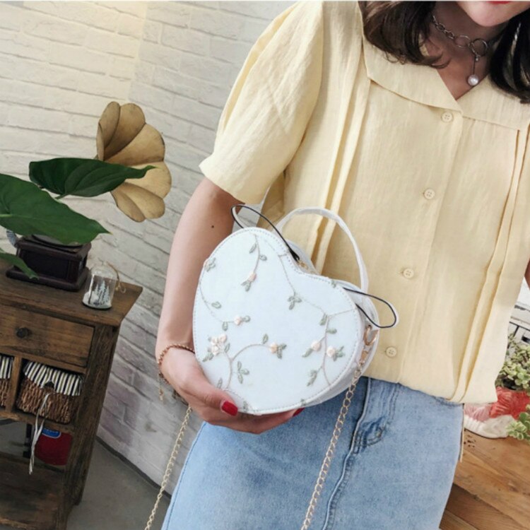 Bolso de hombro de encaje, bolsos de mujer de corazón de melocotón, bolso de mano de bordado, bolso Diagonal portátil para chica, bolso de cadena en forma de corazón para niña: Blanco