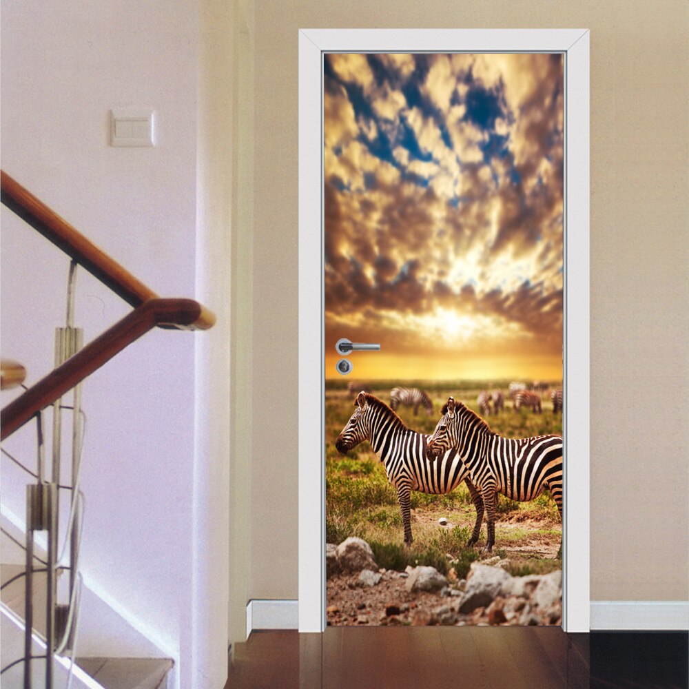 Zebra Door Stickers 3D Wallpaper Bedroom Living Room Door Poster Mural PVC Self-adhesive Waterproof Home Decor Decals