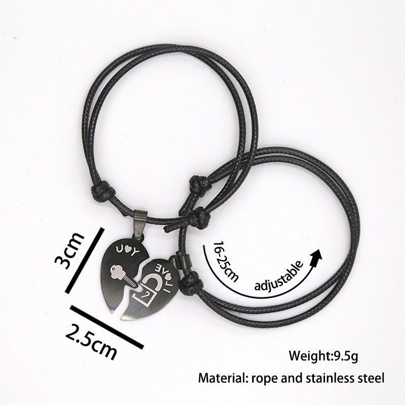 Couple Bracelets for Women and Men Heart Black Stainless Steel Key Lock Two Halves Paired Bracelet Jewelry, 2PCs/set