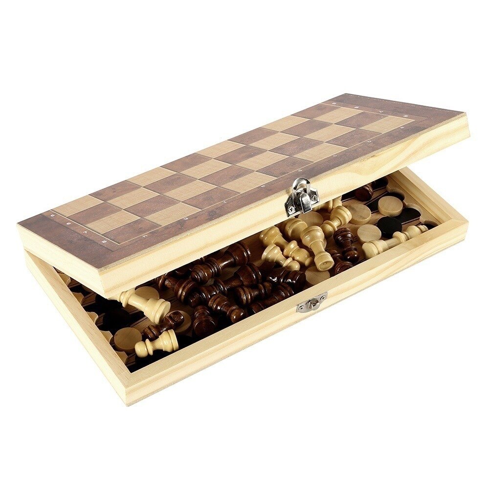 3 in 1 Chess Game Set Wooden Folding Chessboard Indoor Travel Chess