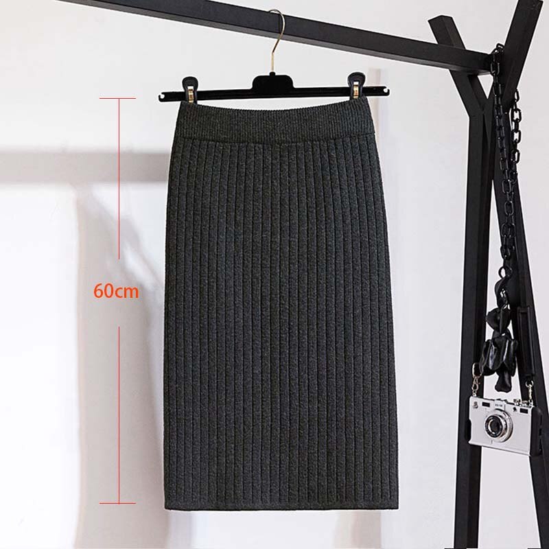 Faldas de mujer de banda elástica de 60-80CM, Falda recta de punto cálida de otoño e invierno, falda negra medio larga acanalada: 60cmgray