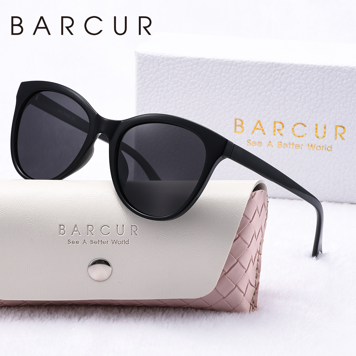 BARCUR Schöne Damen-Sonnenbrille, bequem, langlebig, transparent, PC-Katzenaugen-Rahmen, Party, Reisen, UV400, polarisierte Sonnenbrille, bestes: Black
