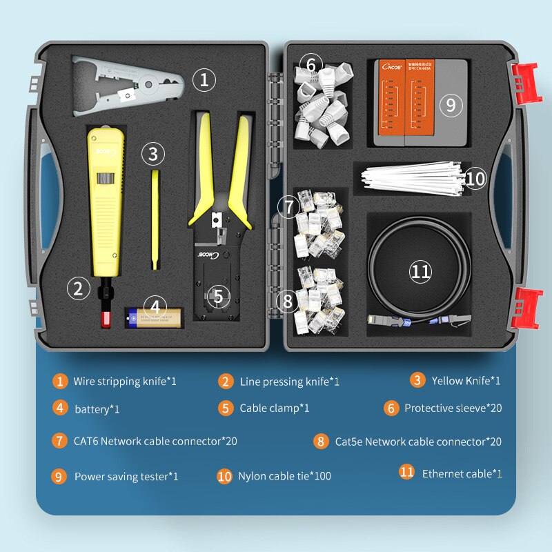 Rj45 Crimp Tool Set , 10 in 1 Portable Network Repair Box Cable Tester Plier Crimping Crimper Clamp RJ 45 Connectors Kit
