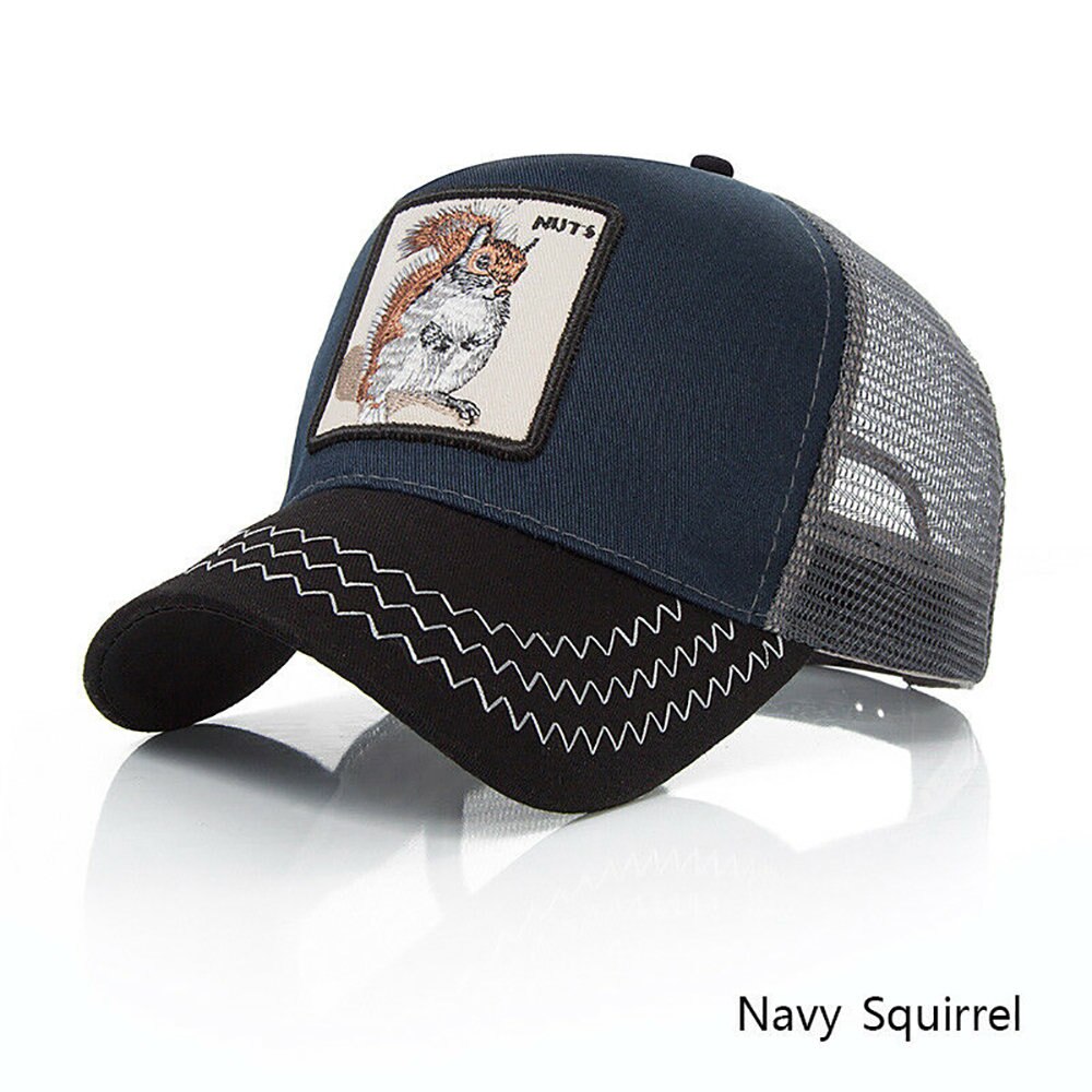 Personality Baseball Caps Animal Embroidery Pattern Hip Hop Hats Men Summer Breathable Mesh Streetwear Bone Unisex: squirrel Navy