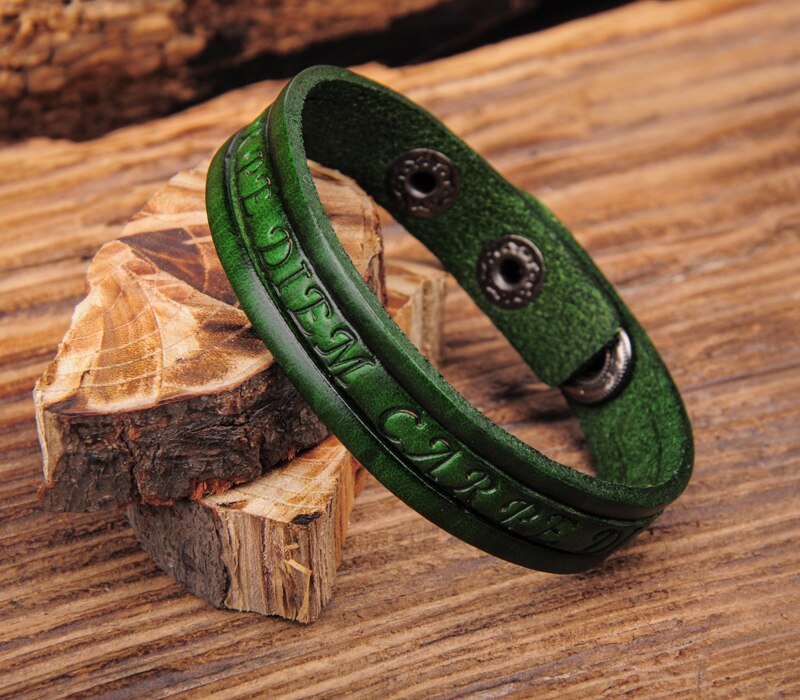 G369 Green Stijlvolle Enkele Wrap Vintage Reliëf Lederen Polsband Armband Manchet