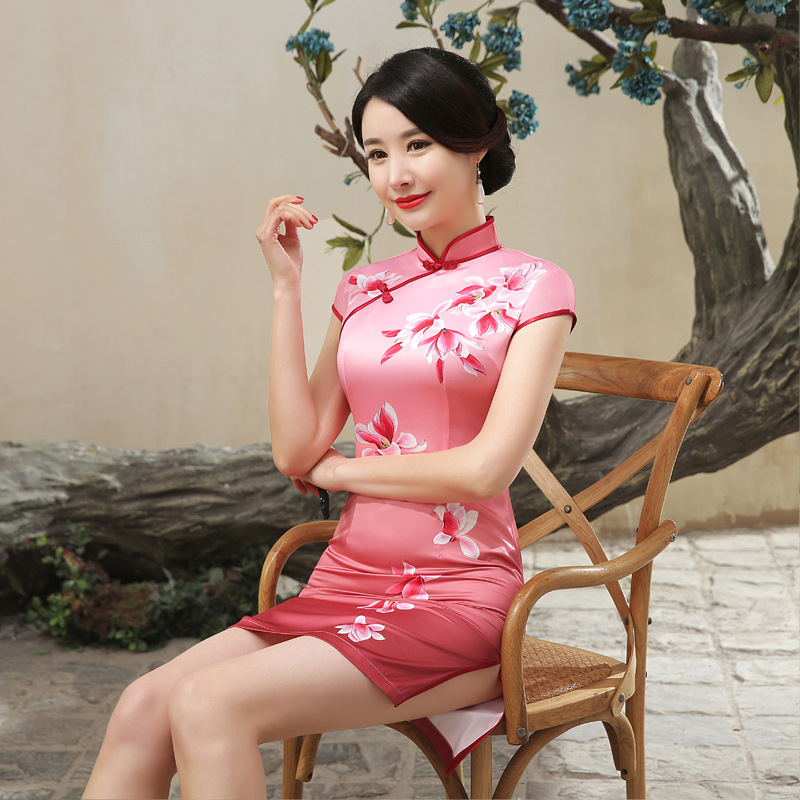 vedtage tryk bred Kinesisk cheongsam slank blomstret afslappet vintage dame kjole satin tang  jakkesæt korte kjoler s-xxl – Grandado
