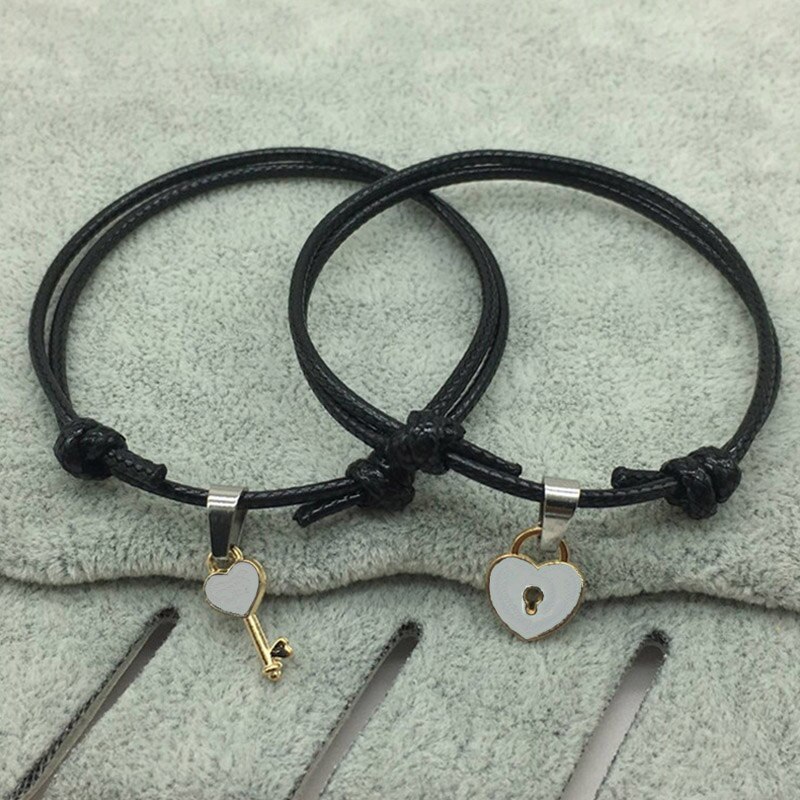 2 unids/lote , pulsera de pareja, llave de aleación, candado de corazón, pulsera, joyería hecha a mano, pulsera de cuerda, para amantes de las mujeres: 3