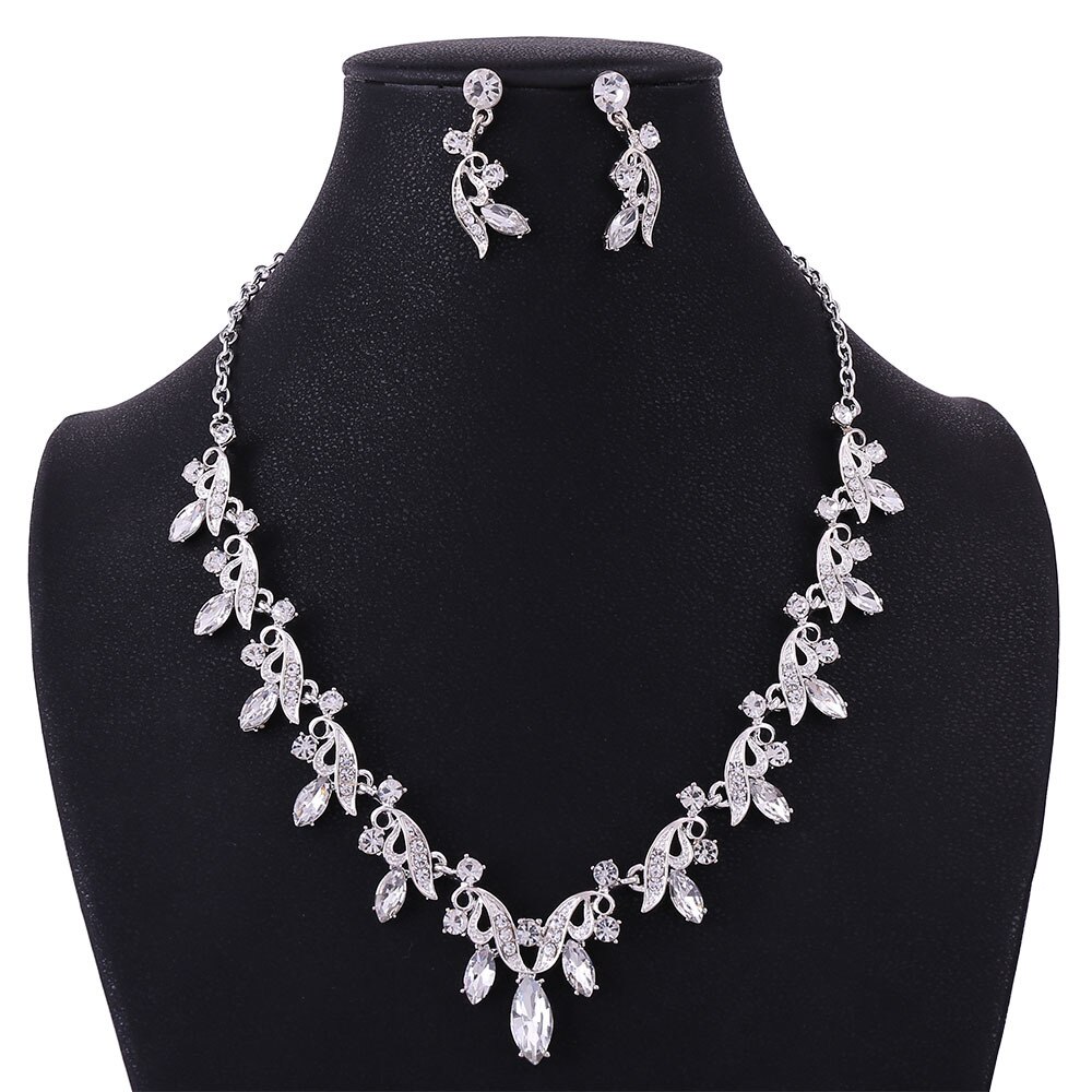 Barock Blatt Braut Schmuck Sets Frauen Strass Tiaras Kristall Krone Halskette Set Ohrringe Für Braut Hochzeit Haar Zubehör