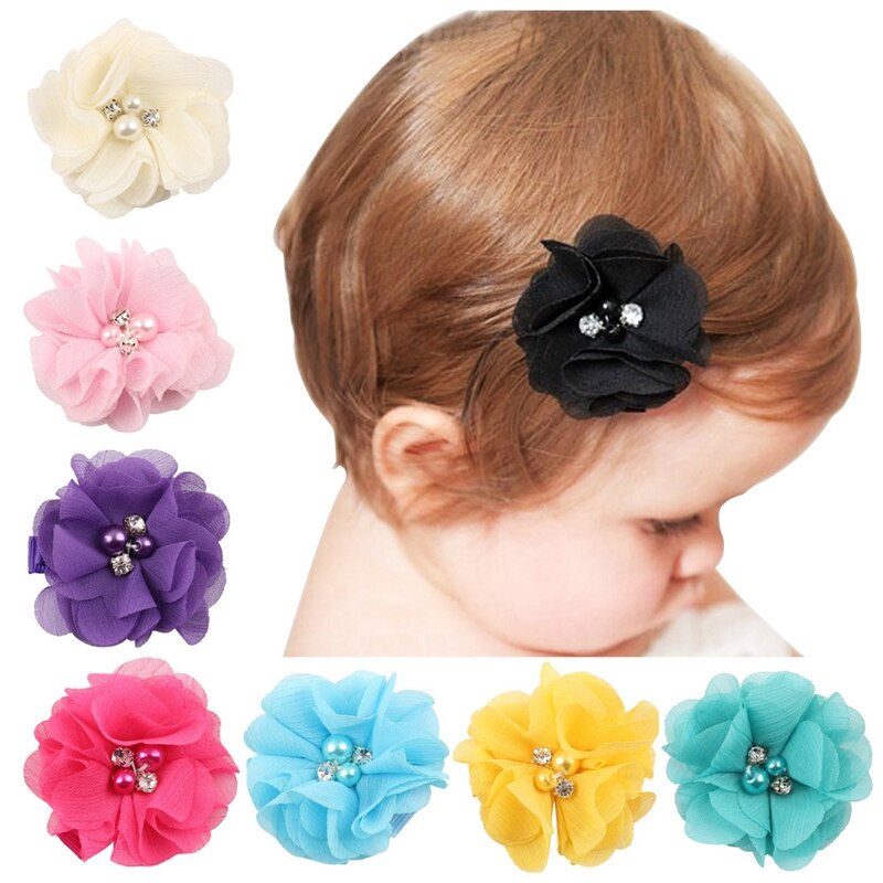 10Pcs Baby Chiffon Flower Hair Clips Rhinestone Toddler Hairpins Girls Headdress 72XC