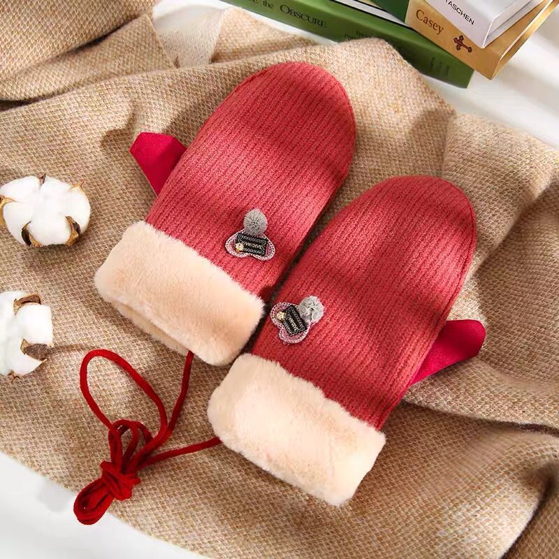 Handschuhe Winter Damen Plus Samt Dicke Warme Nette Schüler eins Frauen Herz Handschuh Neue Jahr draussen Hängen Nacken Handschuhe wolle: rot